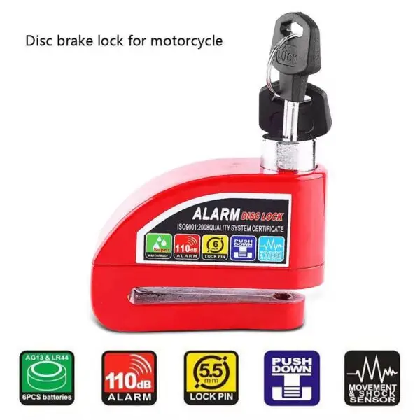 Candado de Disco con Alarma Antirrobo para Motocicletas – Impermeable 110dB